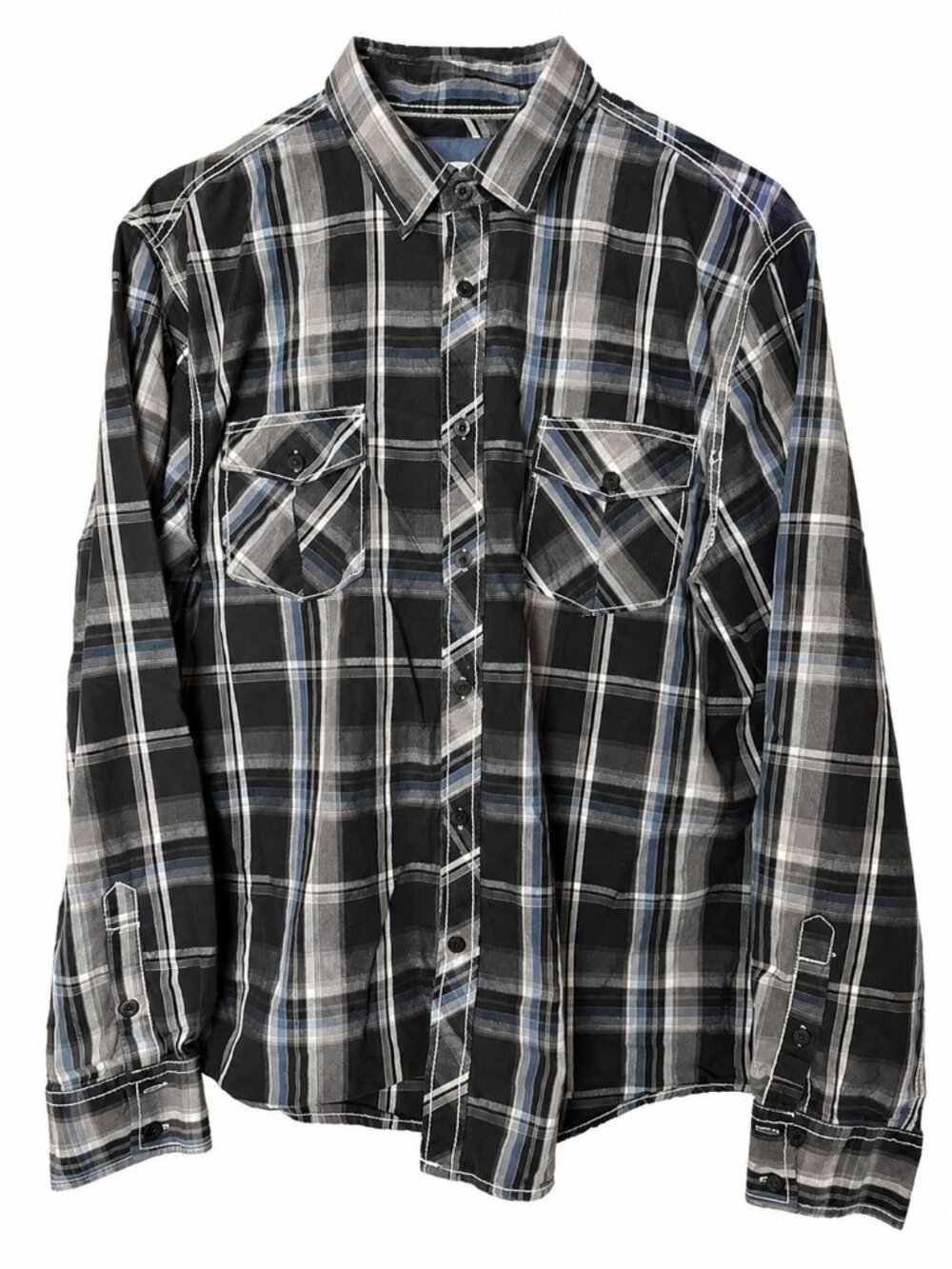 Men's Black and Gray Plaid Button-Up Shirt - Classic Long Sleeve